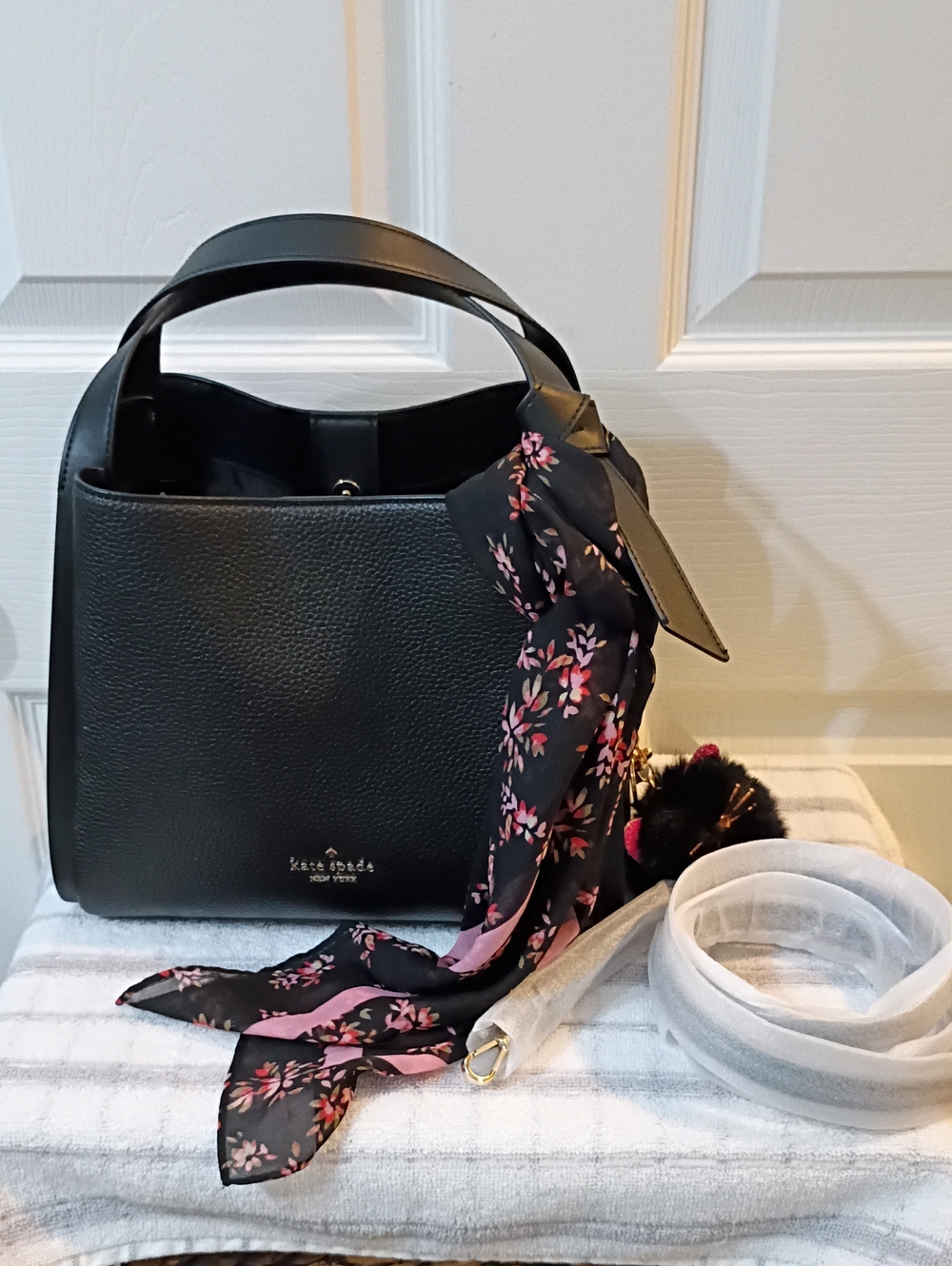 Kate Spade Knott Black Pebbled Leather Shoulder Bag with Floral Scarf